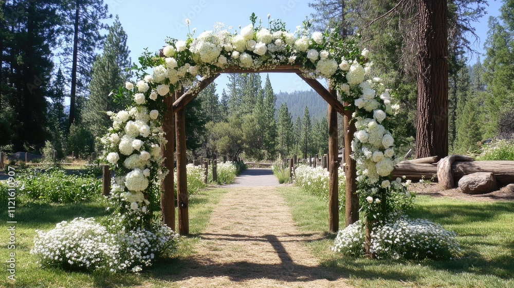 Elegant Floral Archway Surrounded by Lush Greenery at a Wedding Elegant Floral Archway Surrounded by Lush Greenery at a Wedding