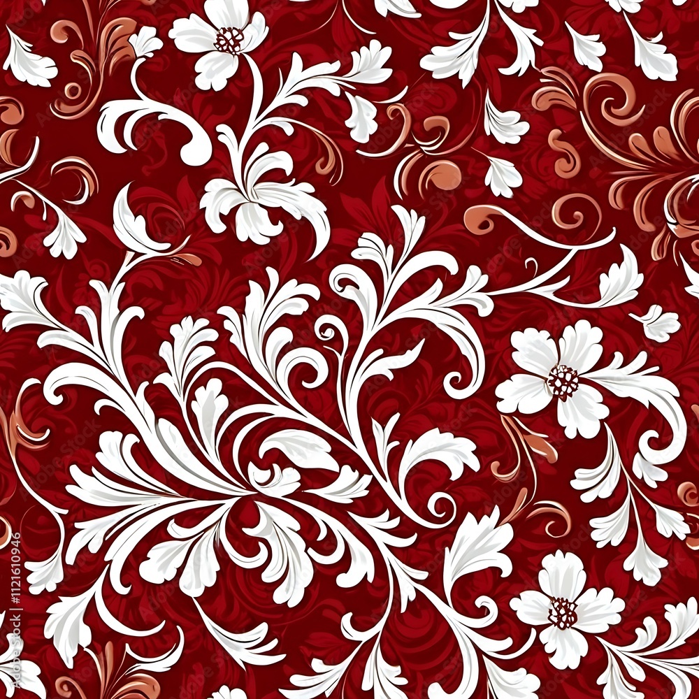 Fototapeta premium Crimson Elegance: A rich red background adorned with intricate white floral damask pattern. Seamless design perfect for textiles, wallpapers, and more.