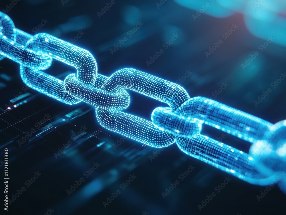 A close-up view of a digital chain link, symbolizing blockchain technology and secure data connections in a virtual environment. A close-up view of a digital chain link, symbolizing blockchain technology and secure data connections in a virtual environment.