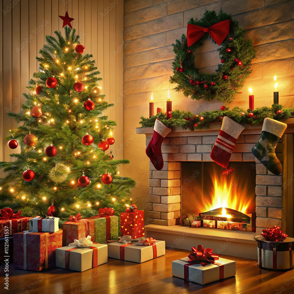 A glowing fireplace with stockings hanging above, surrounded by festive decorations