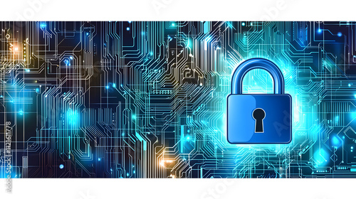 Digital lock symbol on a circuit board background.