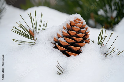 a pine cone half-buried in snow, with a few needles around it photo