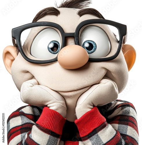 Friendly cartoon character with glasses and thoughtful expression