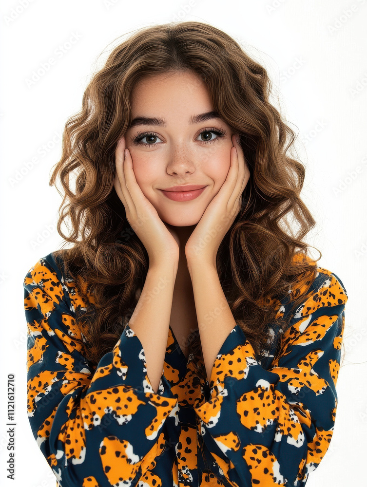 Playful woman in animal print pajamas with curly hair and smile Playful woman in animal print pajamas with curly hair and smile