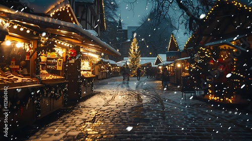 A traditional Christmas market at night with stalls lit up and snow falling gently.