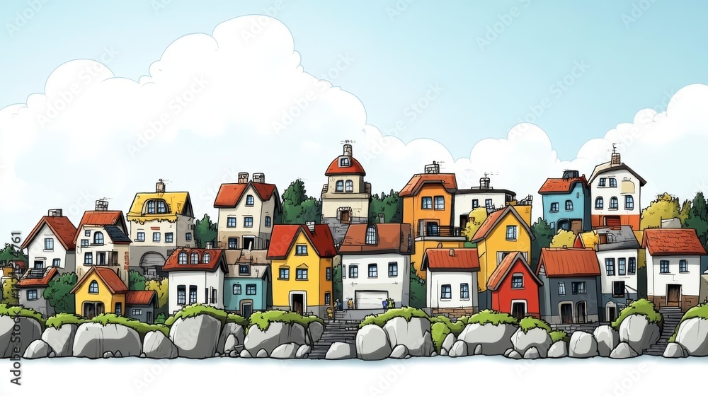 Naklejka premium Coastal Village with Colorful Houses and Rocks