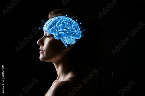 Conceptual Illustration of a Woman's Profile with a Luminous Brain and Neural Connections