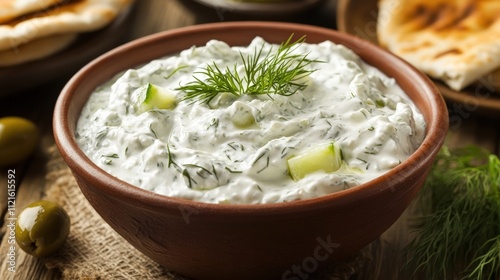 Creamy Tzatziki Dip in Rustic Bowl: A Mediterranean Culinary Delight