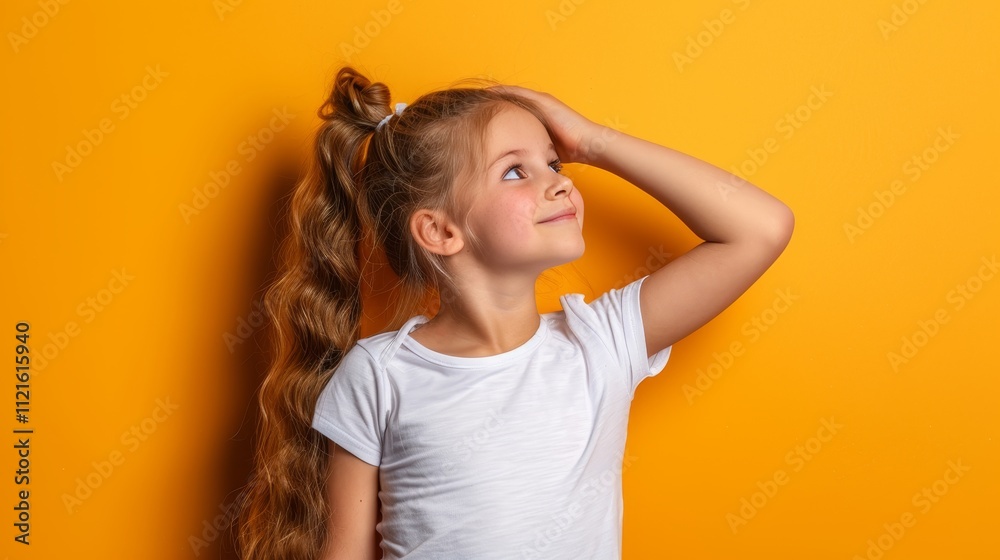 Studio portrait of a toddler girl in a plain white t shirt against a bright yellow background Studio portrait of a toddler girl in a plain white t shirt against a bright yellow background