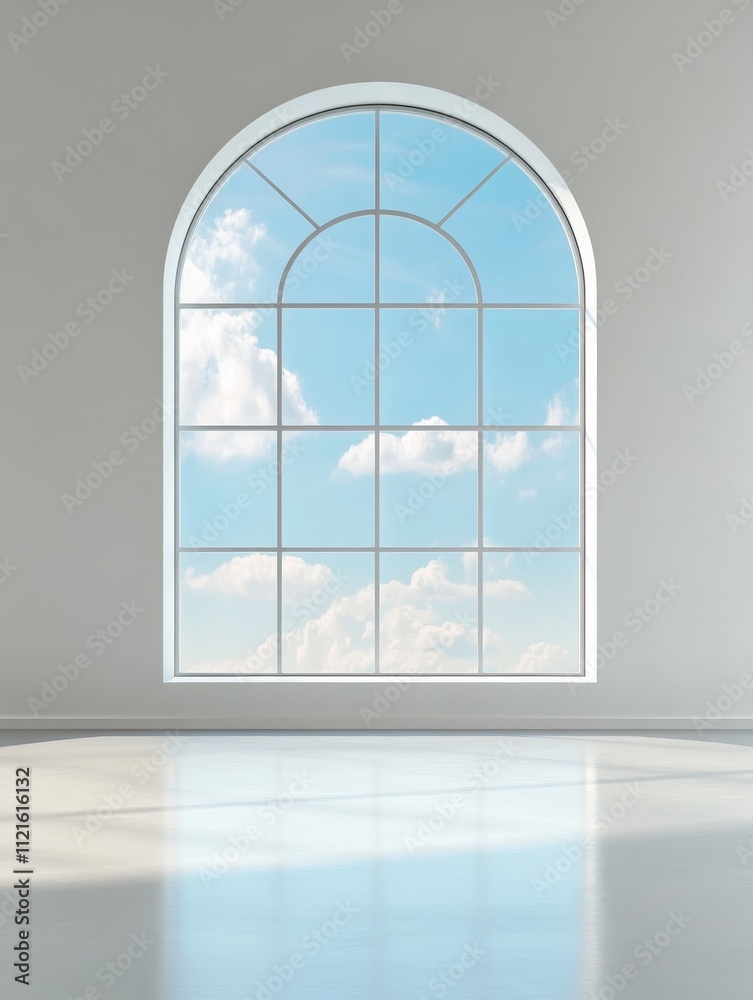 Fototapeta premium Bright and Airy Room with Arched Window - A spacious interior featuring an elegant arched window that frames a beautiful sky, symbolizing openness and tranquility.