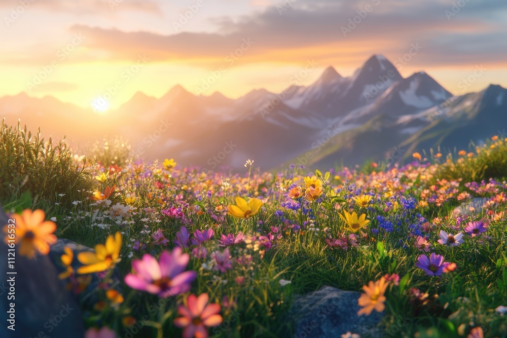 Vibrant wildflowers bloom in a mountain meadow at sunset, creating a picturesque landscape. Vibrant wildflowers bloom in a mountain meadow at sunset, creating a picturesque landscape.