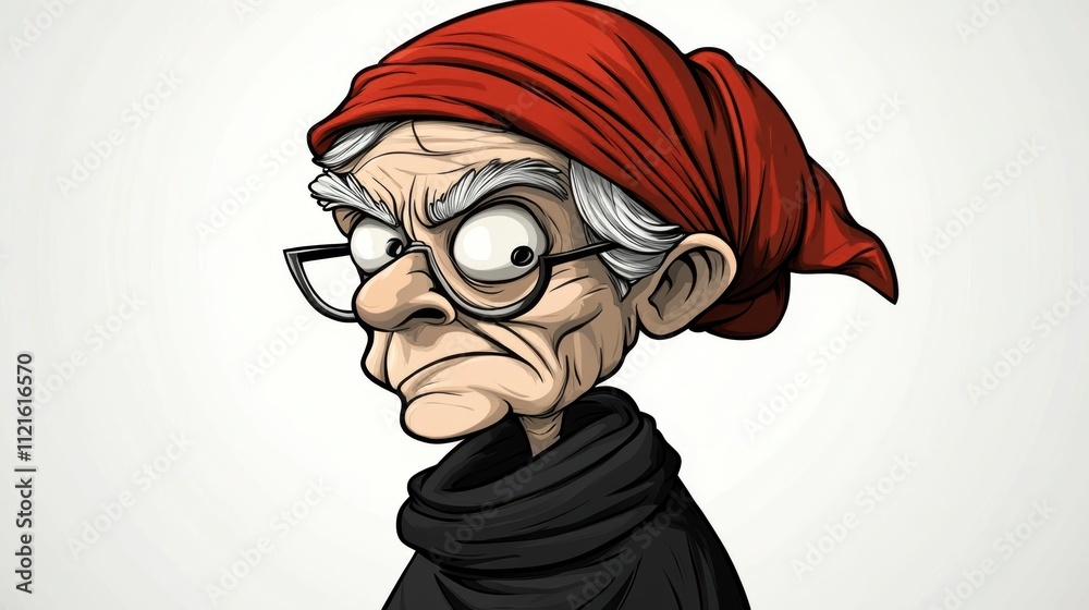 Cartoon illustration of a grumpy elderly woman Cartoon illustration of a grumpy elderly woman