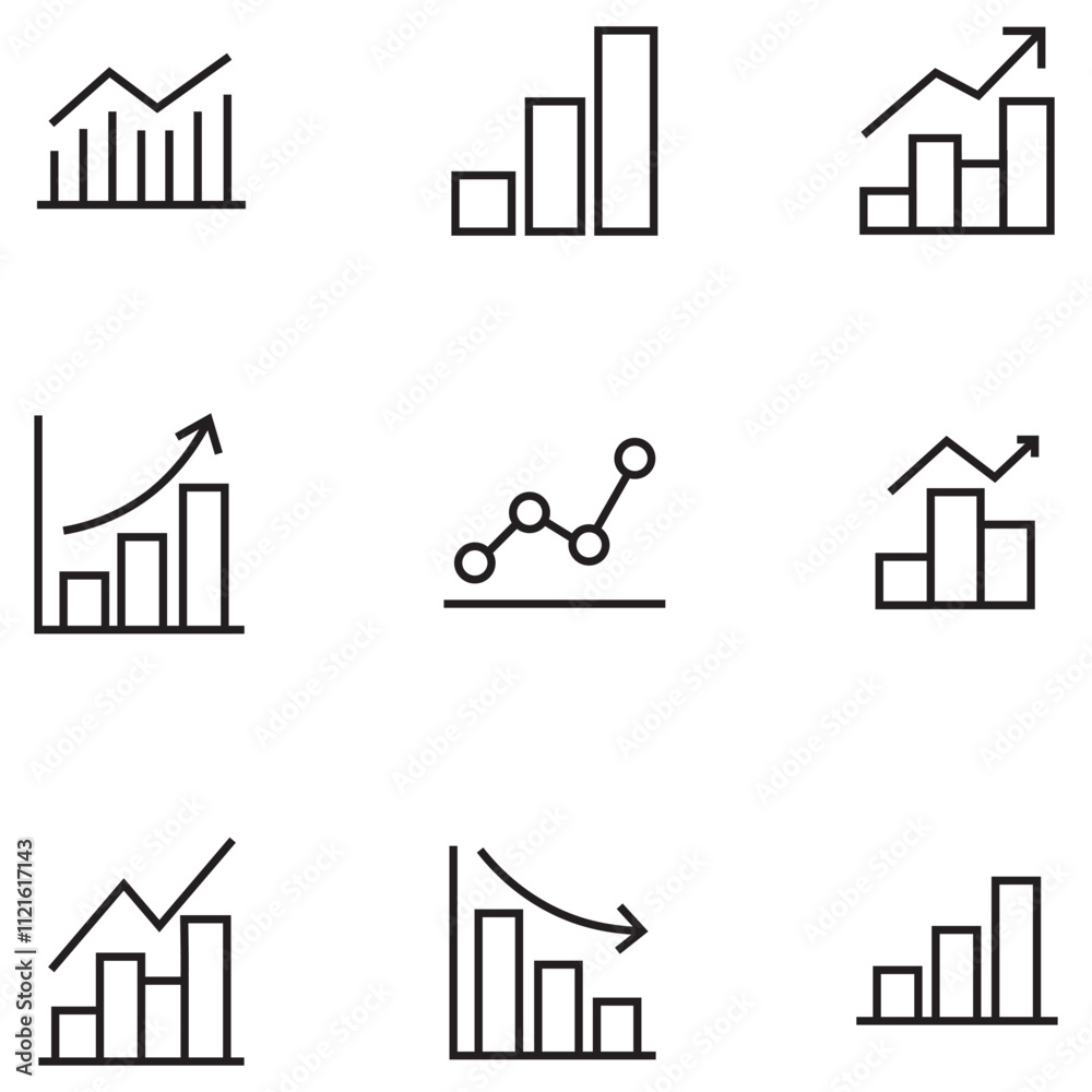 Growing bar graph icon set. Statistics icon set, data analysis, infographic. Charts linear icon set for web. Line stroke set of data analysis icons. Trend and Pie chart report. Vector Illustration.
