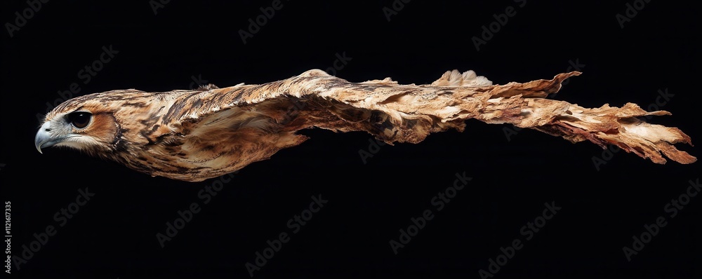 Fototapeta premium Against a black background, the Eagle owl (Bubo bubo), a massive owl with vivid orange eyes, is shown flying straight at the camera, wings fully extended. This nocturnal bird of prey is lit from