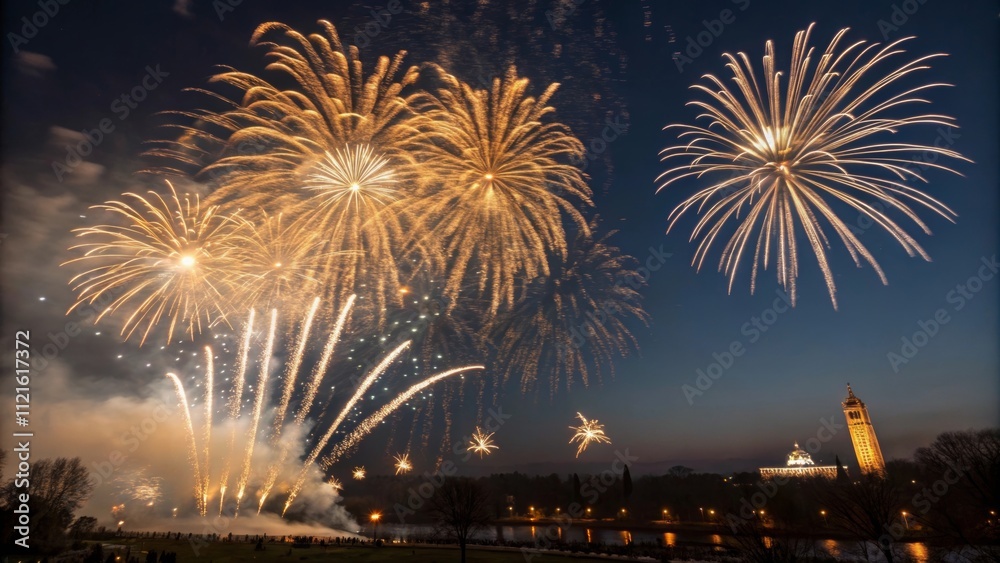 Majestic fireworks display over evening skyline with illuminated tower Majestic fireworks display over evening skyline with illuminated tower