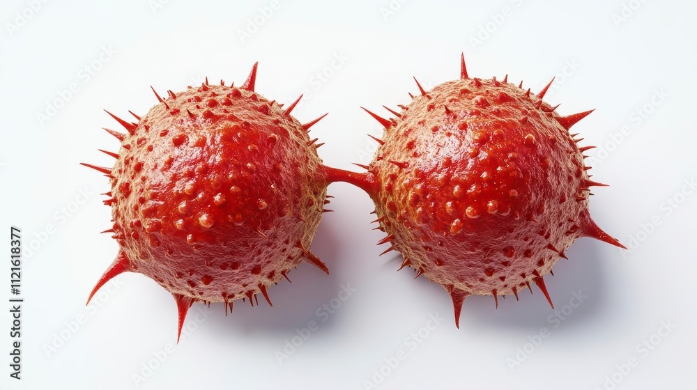 Close-up of two spiky red round botanical structures joined together Close-up of two spiky red round botanical structures joined together