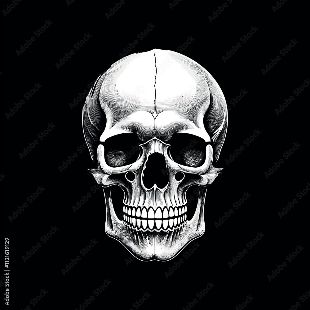 Obraz premium black silhouette of a human skull. The skull is depicted in a frontal view, showing the eye sockets, nasal cavity, and teeth. The eye sockets are large and oval-shaped