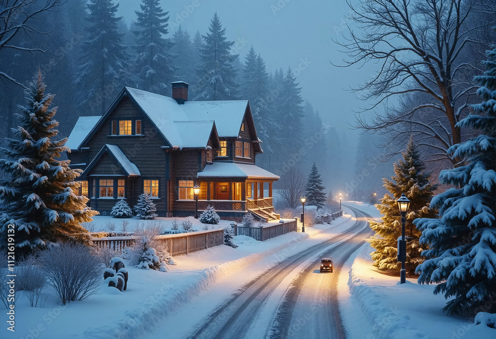 Gorgeous landscape with a house and tall pines and fir trees in the winter season on the hillside Gorgeous landscape with a house and tall pines and fir trees in the winter season on the hillside