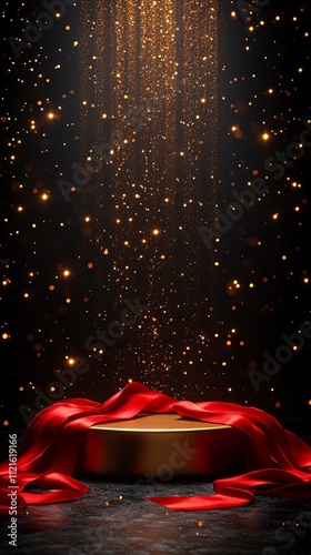 Golden display platform with red ribbon