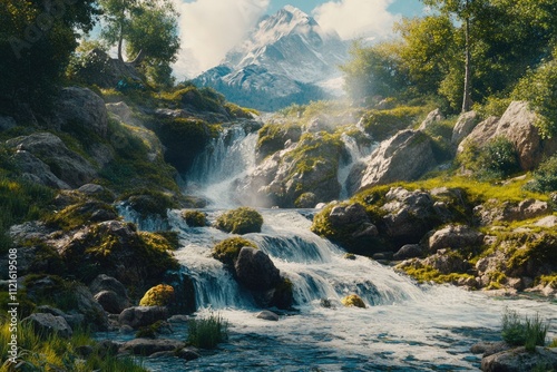 Serene waterfall cascading down mossy rocks, nestled in a lush green valley with a snow-capped mountain in the background.