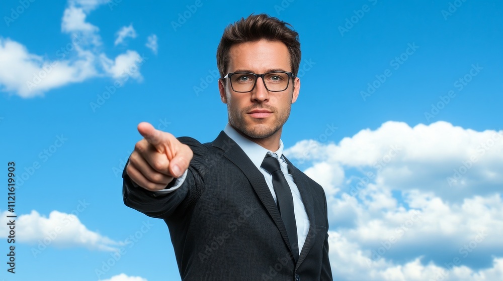 Confident Businessman Pointing Forward in a Blue Sky - A charismatic businessman confidently pointing forward, symbolizing leadership, motivation, direction, ambition, and vision against a clear blue Confident Businessman Pointing Forward in a Blue Sky - A charismatic businessman confidently pointing forward, symbolizing leadership, motivation, direction, ambition, and vision against a clear blue