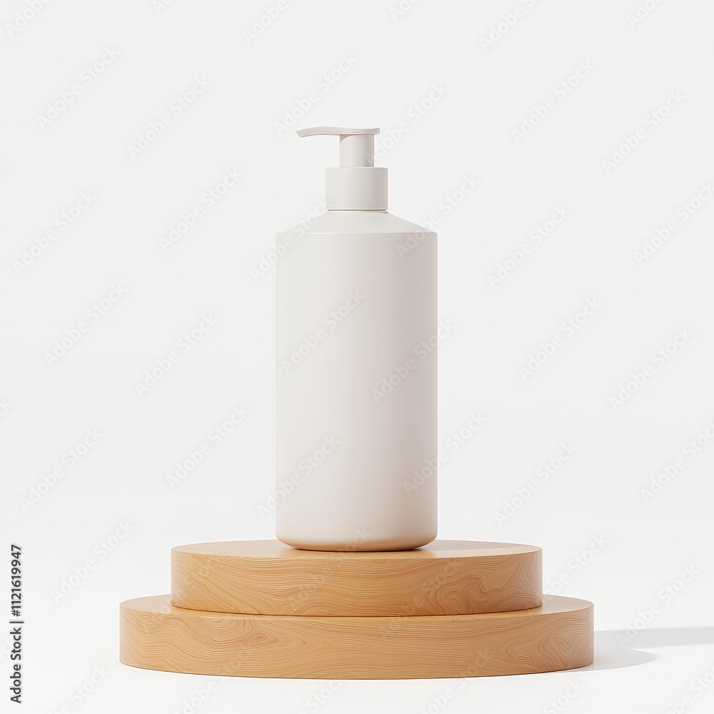 A sleek, minimalistic body wash bottle on a natural wood podium, set against a clean white backdrop. A sleek, minimalistic body wash bottle on a natural wood podium, set against a clean white backdrop.