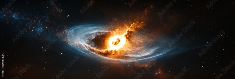 Fototapeta premium Cosmic Explosion in Deep Space - A breathtaking depiction of a cosmic explosion showcasing swirling gas, vibrant flames, and distant stars within the expansive universe.