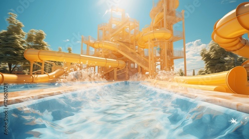 A sunny waterpark scene featuring a bold yellow waterslide and vibrant blue wave design. photo