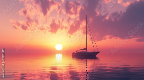 a boat at sunset, silhouetted by the warm glow of the setting sun, with tranquil reflections on the peaceful wate photo