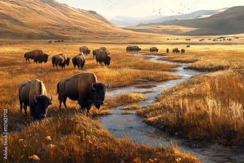 Herd of bison grazing in a serene autumnal landscape, alongside a meandering stream. photo