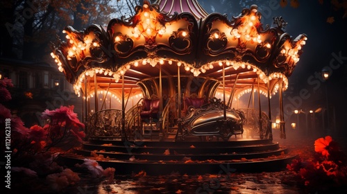 A carousel adorned with bright lights and floral motifs creates a magical ambiance at a nighttime amusement park. photo