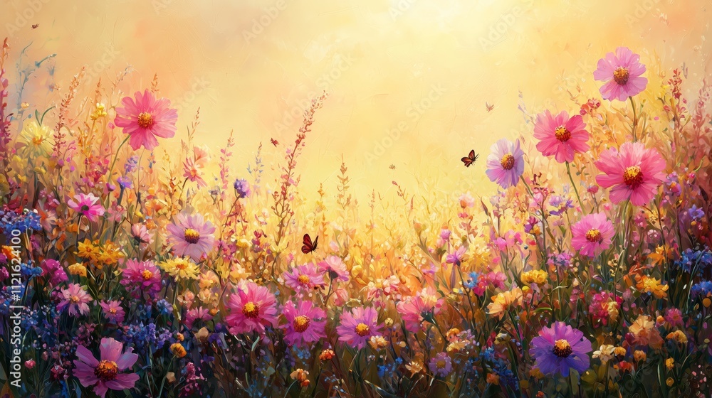 Naklejka premium Vibrant Floral Landscape with Colorful Blooms and Butterflies