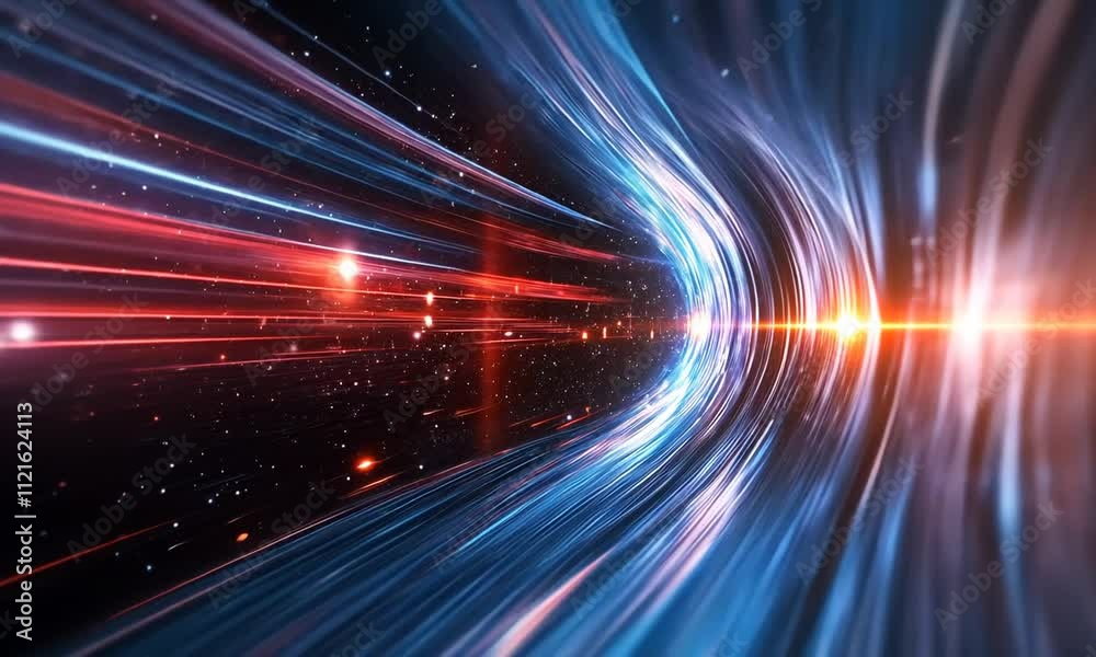 A vibrant, abstract representation of light trails in a cosmic tunnel, evoking speed and motion.