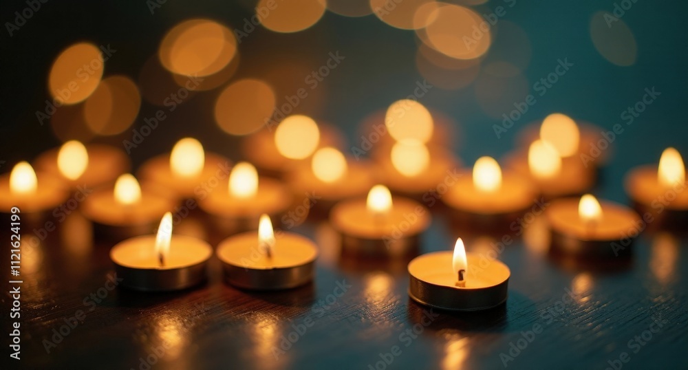 Tea Lights (Meditation Festivals) – A serene scene with small candles, their warm glow creating a tranquil ambiance amidst golden fireflies and party lights Tea Lights (Meditation Festivals) – A serene scene with small candles, their warm glow creating a tranquil ambiance amidst golden fireflies and party lights