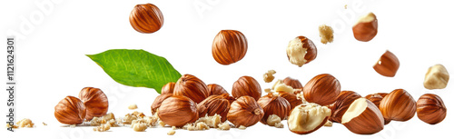 Hazelnuts falling and scattered with leaf