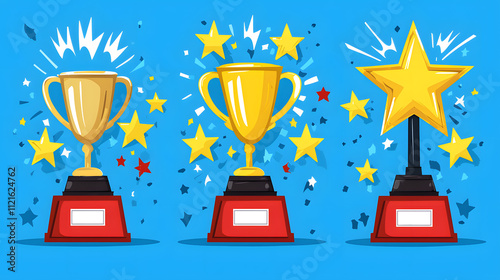 Three vibrant trophies celebrating achievement