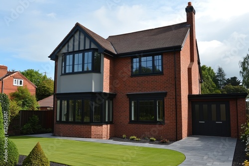 Exterior of a Newly Built Family Home with Large Windows and a Well-Kept Front Lawn photo