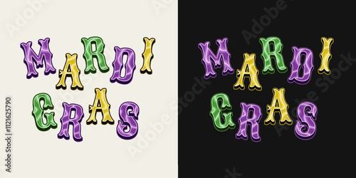 Mardi Gras volumetric headline, caption in vintage style. Iridescent light glowing letters in traditional colors. Design element for holiday design, decoration