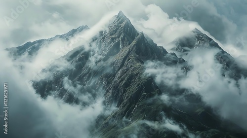 A majestic mountain peak surrounded by low-hanging clouds.