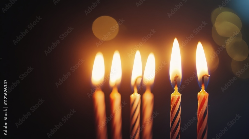 Fototapeta premium Five lit birthday candles on dark background.