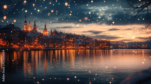 Cityscapes and reflections on the water at dusk during the Christmas and New Year festivals. photo