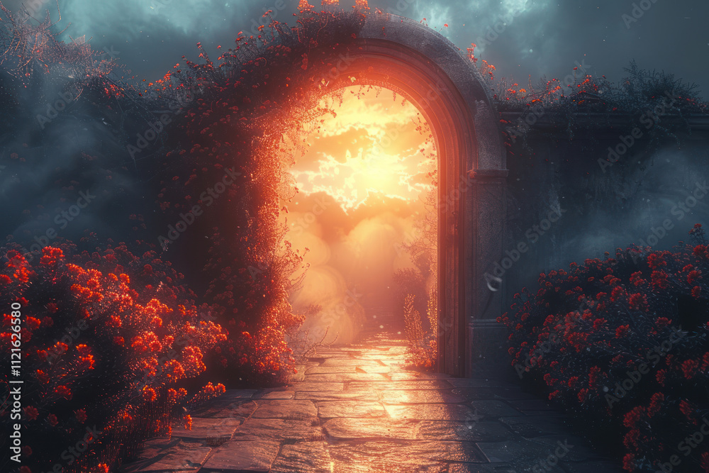 Mysterious gate sunny entrance. New life or beginning concept,. Mysterious gate sunny entrance. New life or beginning concept,.