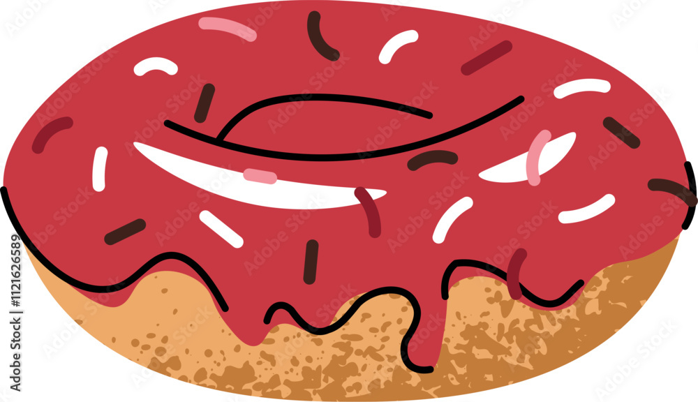 Sweet whole donut, doughnut ring with strawberry icing and candy sprinkles. Flat cartoon illustration isolated on white background Sweet whole donut, doughnut ring with strawberry icing and candy sprinkles. Flat cartoon illustration isolated on white background