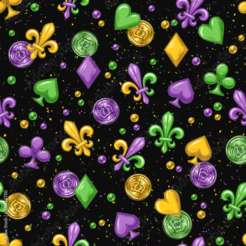 Mardi Gras themed seamless pattern with falling shiny coins, Fleur de Lis sign, playing card suits symbols, scattered beads, confetti, trinkets on dark textured background. Vintage style.