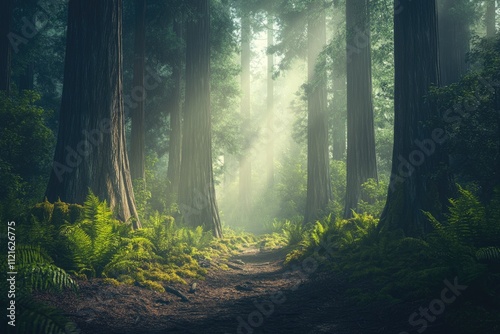 Sunbeams pierce a misty redwood forest, illuminating a path through towering trees and lush ferns.