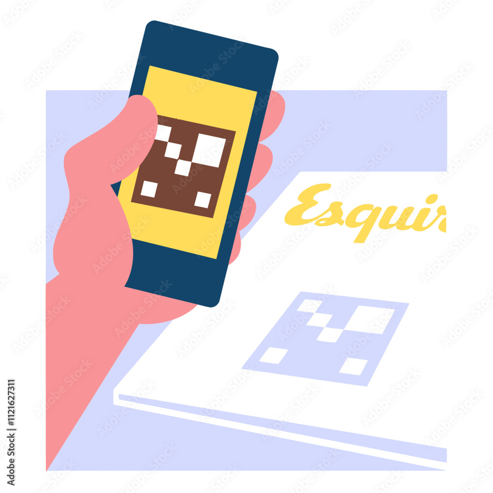 Obraz premium Scan to Unlock: A hand holding a smartphone scans a QR code printed on a magazine, accessing exclusive content and digital experiences. Generative Al
