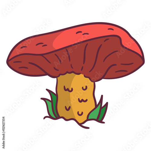 A whimsical illustration of a vibrant red mushroom sprouting from the ground, surrounded by blades of grass. Perfect for adding a touch of nature's charm to your projects.  Generative Al
