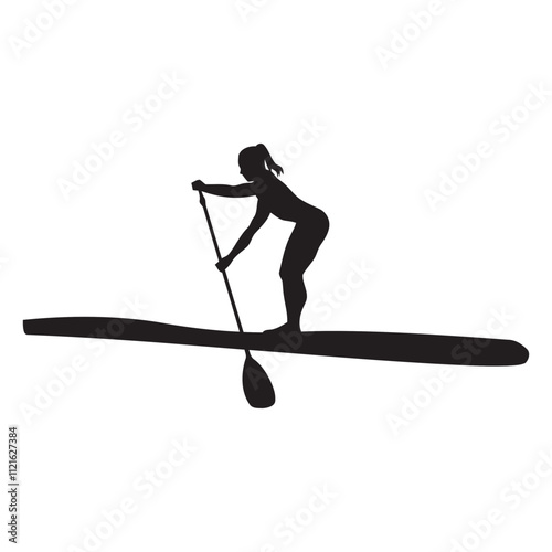 Silhouette of a Woman Paddleboarding: A simple silhouette of a woman paddleboarding, with a single paddle and board, against a white background. Generative Al
