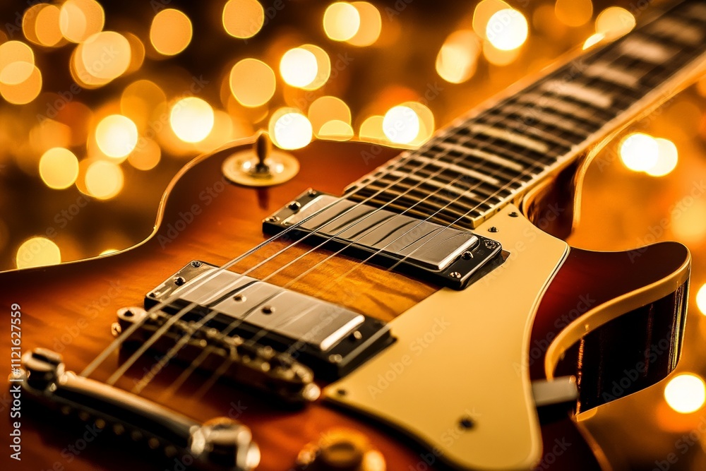 Fototapeta premium Close-Up of a Classic Electric Guitar with Glowing Bokeh Lights, Perfect for Music Enthusiasts and Creative Projects