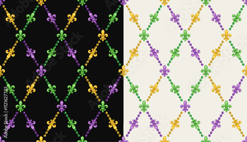 Mardi gras geometric pattern. Diagonal rhombus grid made with colorful Fleur de lis symbol. Vintage style illustration